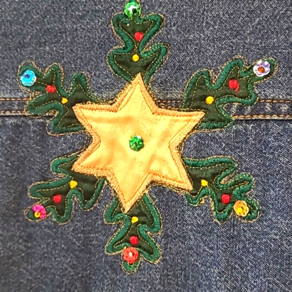🎄FESTIVE "LIFESTYLE" HOLIDAY EMBELLISHED DENIM JACKET- LIKE NEW!🎄LARGE - Picture 10 of 12